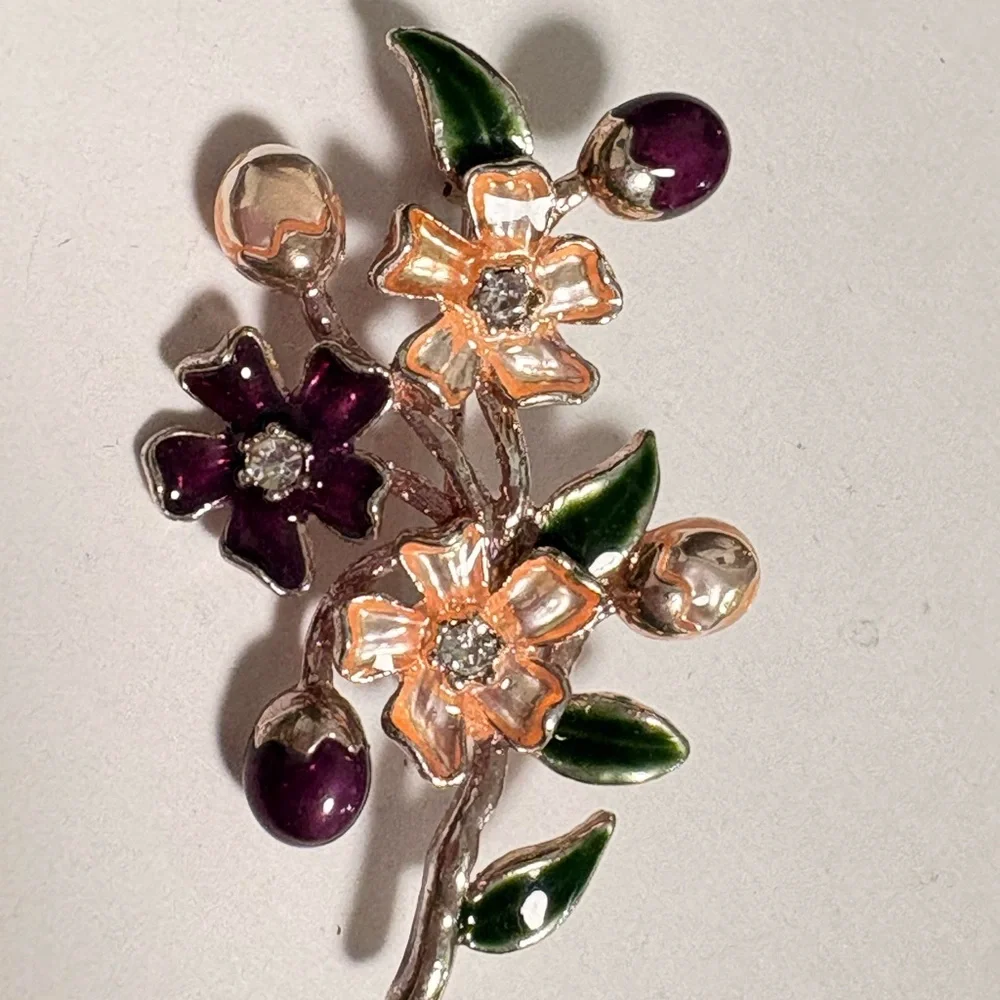 Vintage signed Floral Enamel Brooch with Purple and Green Accents